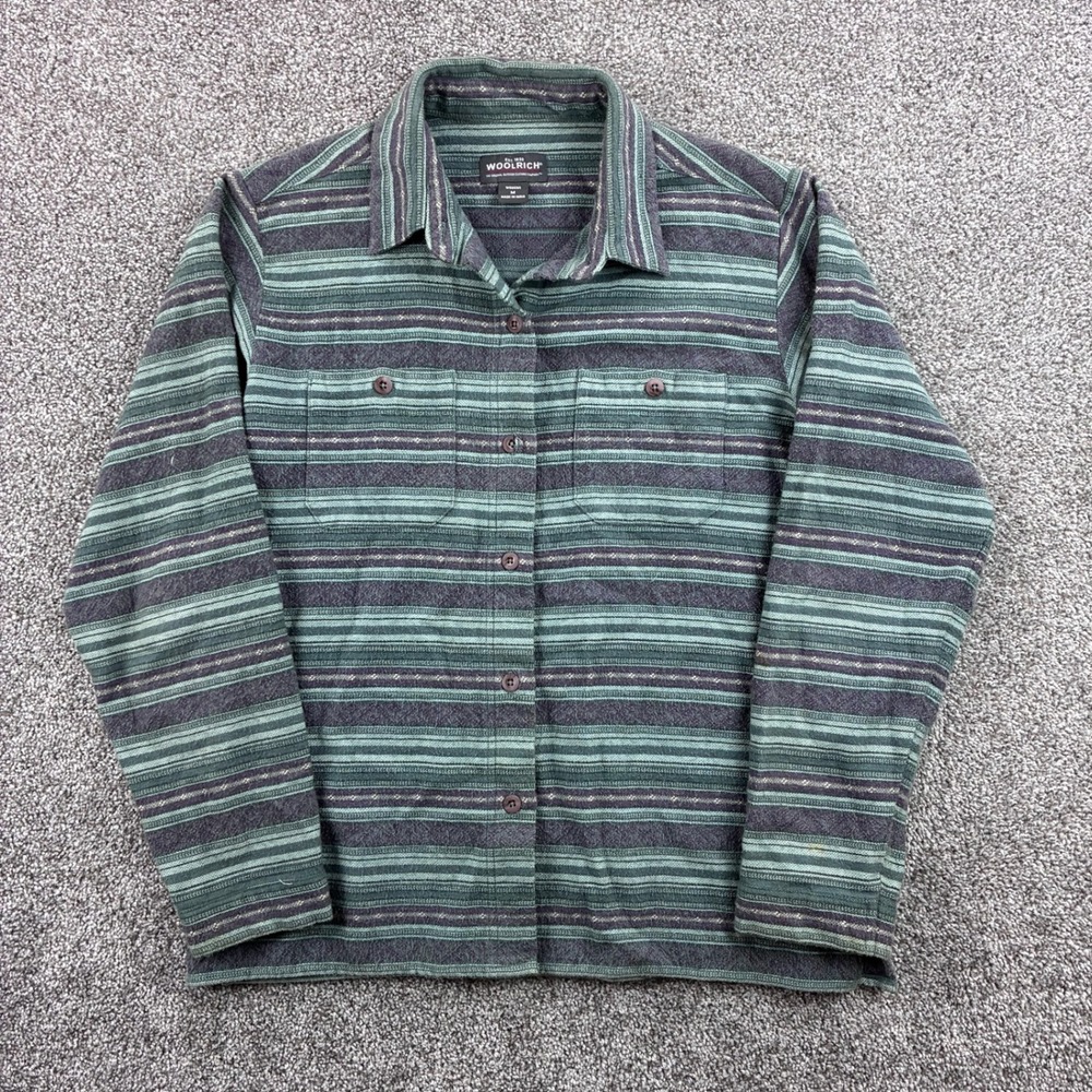 Woolrich Shirt Women's Medium‎ Teal Blue Striped Flannel Button Up Shirt Jacket
